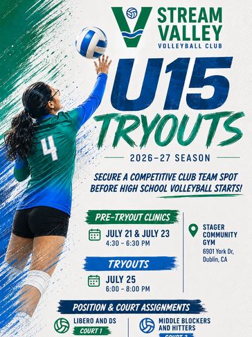 Stream Valley Volleyball Club Girls 15U Summer Volleyball Tryouts July 25 2026
