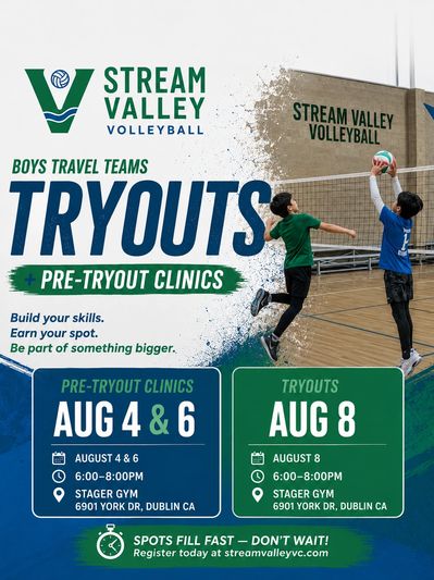 Boys volleyball travel team tryouts and pre-tryout clinics in August.