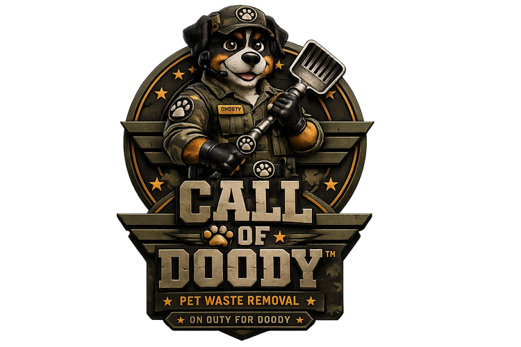 Logo featuring a dog in military gear holding a pooper scooper for pet waste removal.