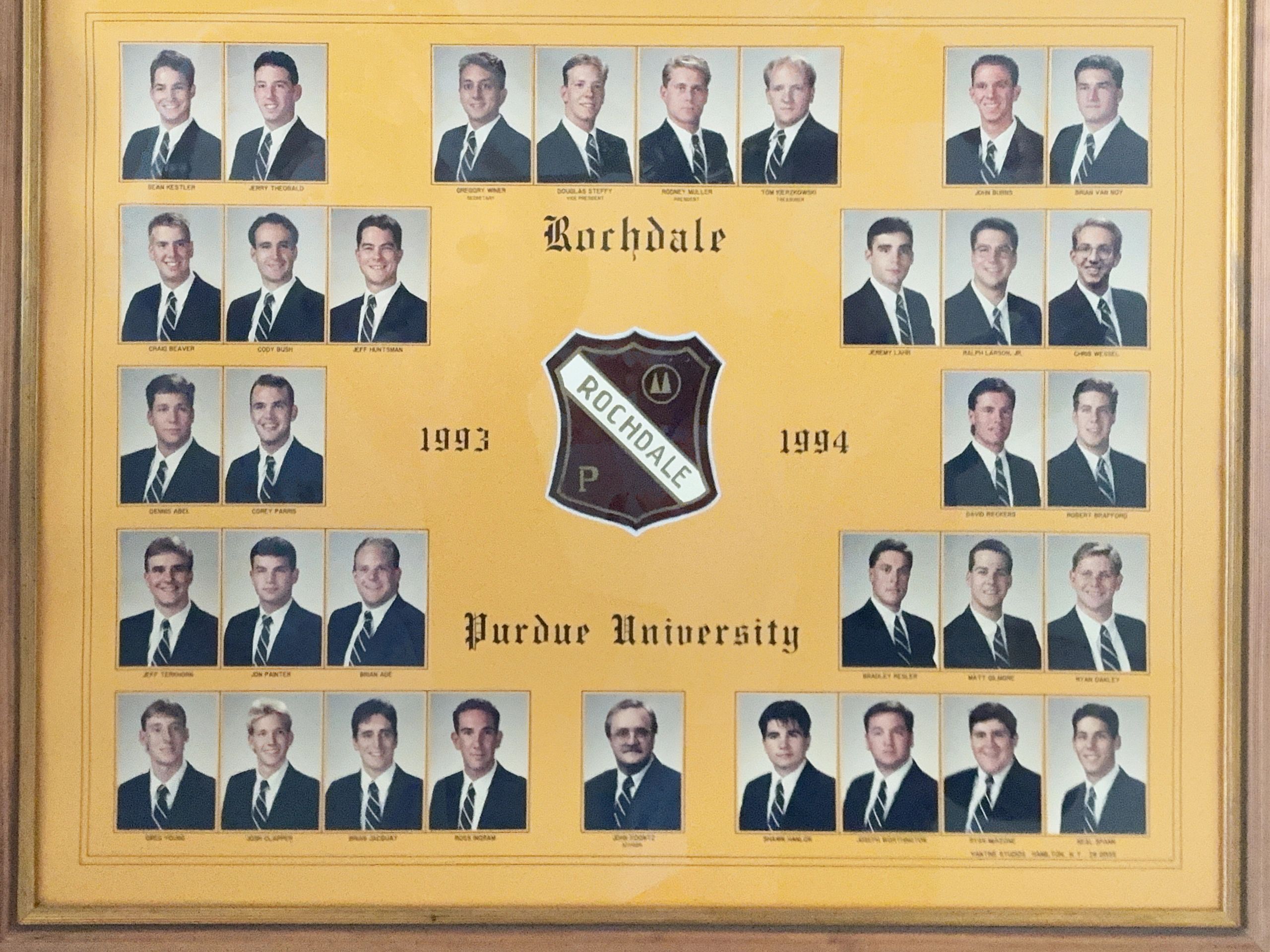 1993-1994 Purdue University Rochdale group photo collage with portraits of members.