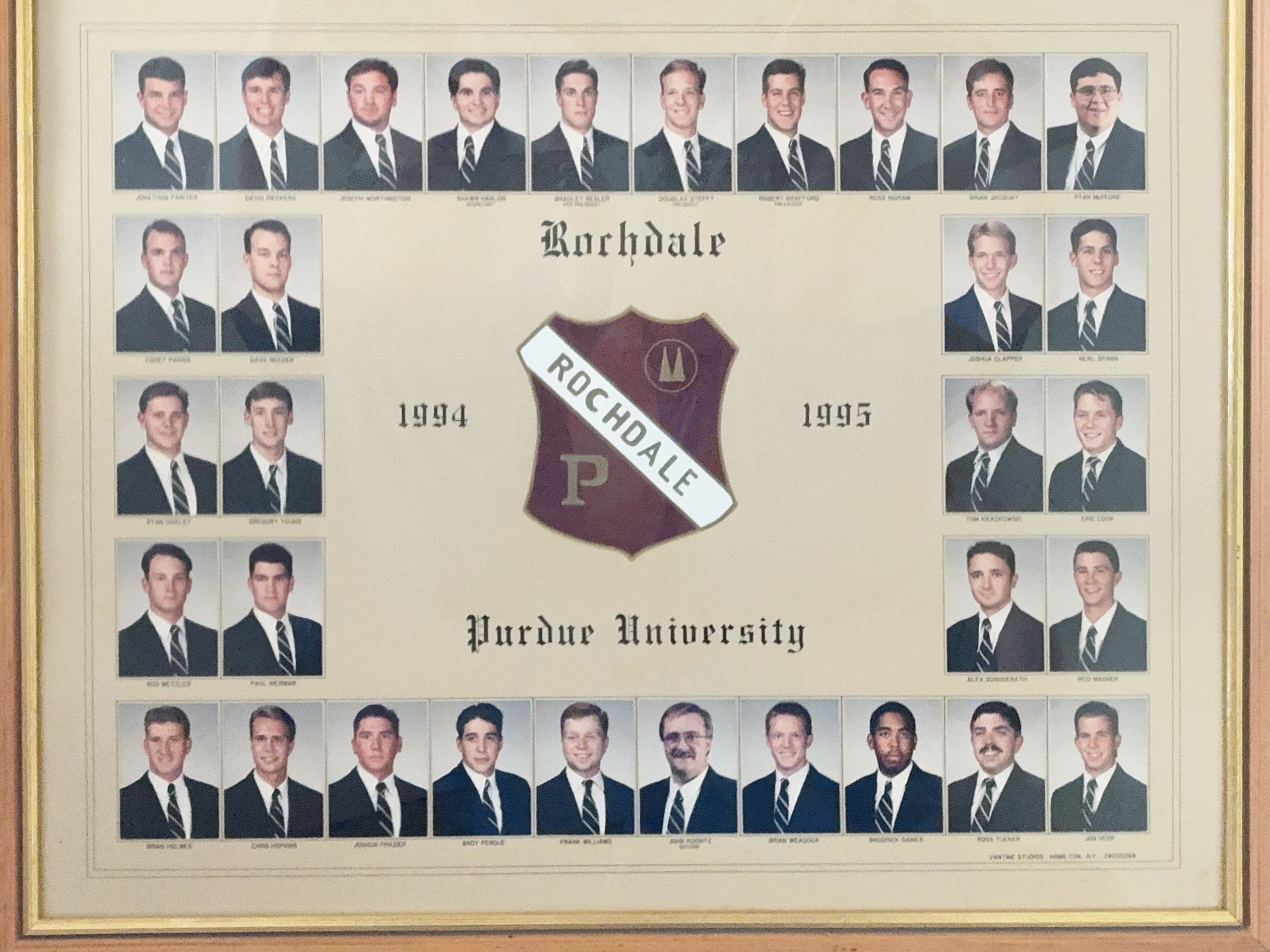 Class photo collage of Purdue University Rochdale fraternity members from 1994-1995.