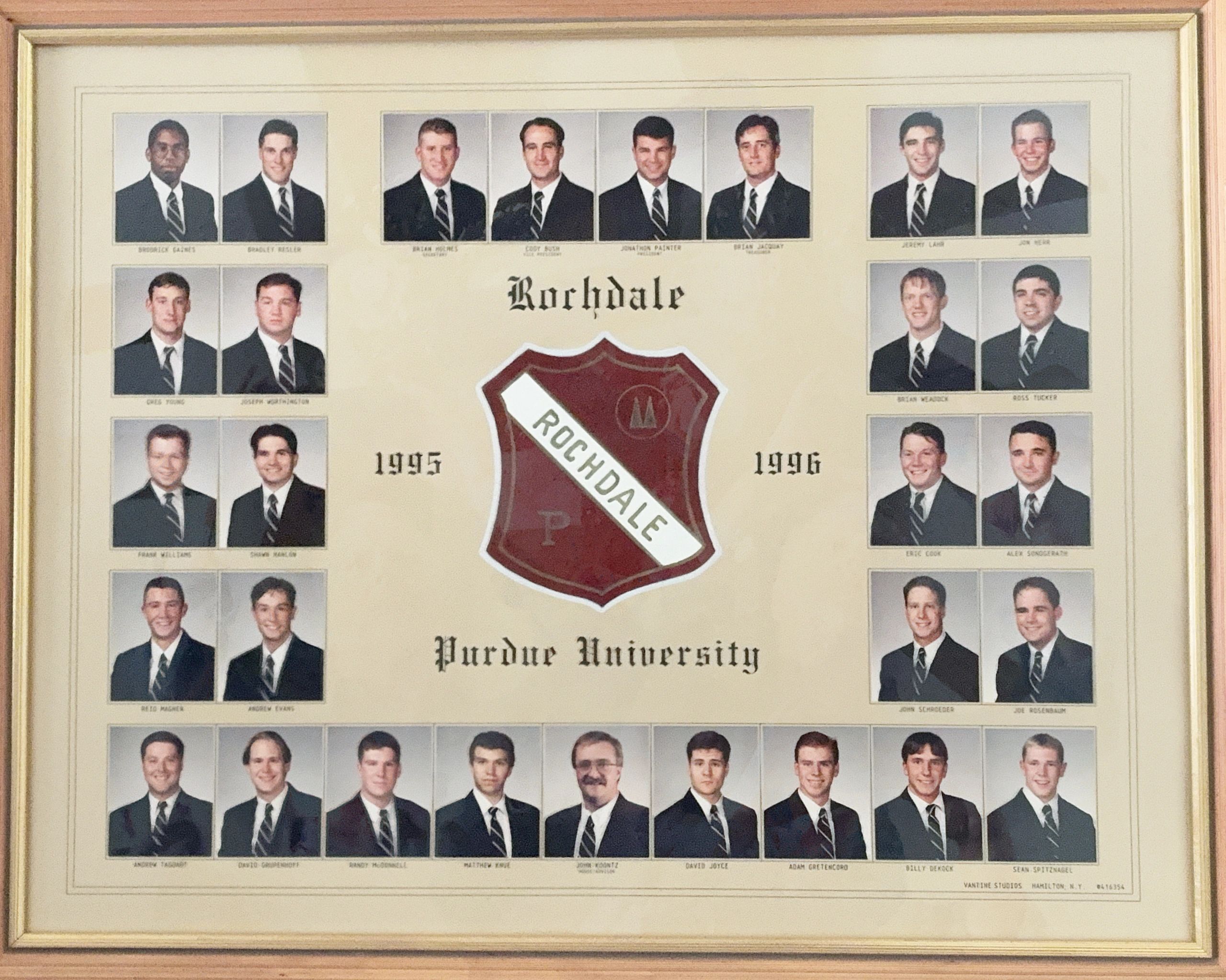 Framed 1995-1996 Purdue University Rochdale group portraits collage.