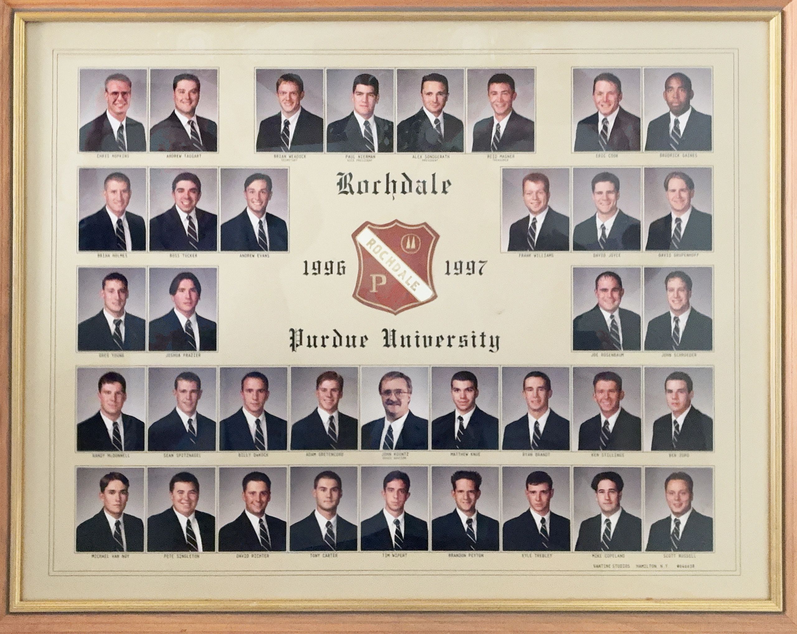 Framed 1996-1997 Purdue University Rochdale group photo collage.