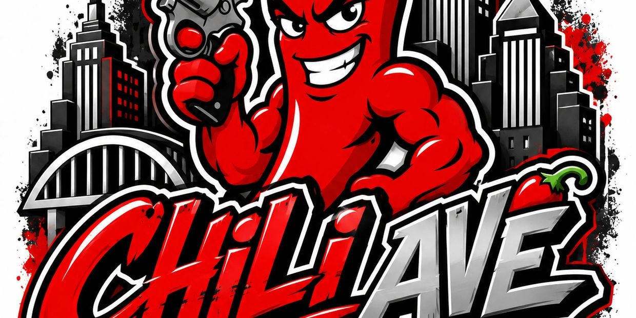 Muscular chili pepper cartoon with gun and cityscape background.
