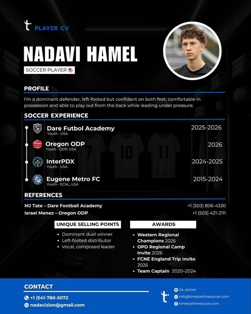 Nadavi Hamel's soccer CV highlighting experience, skills, awards, and contact info.
