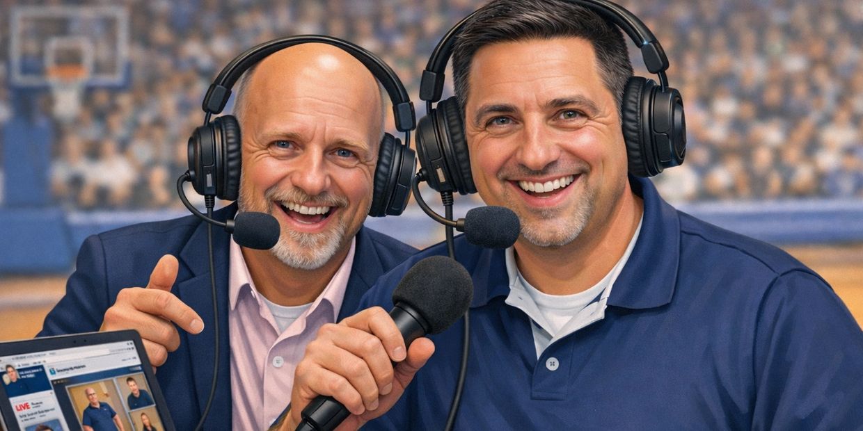 Two happy sports commentators wearing headsets and holding microphones.
