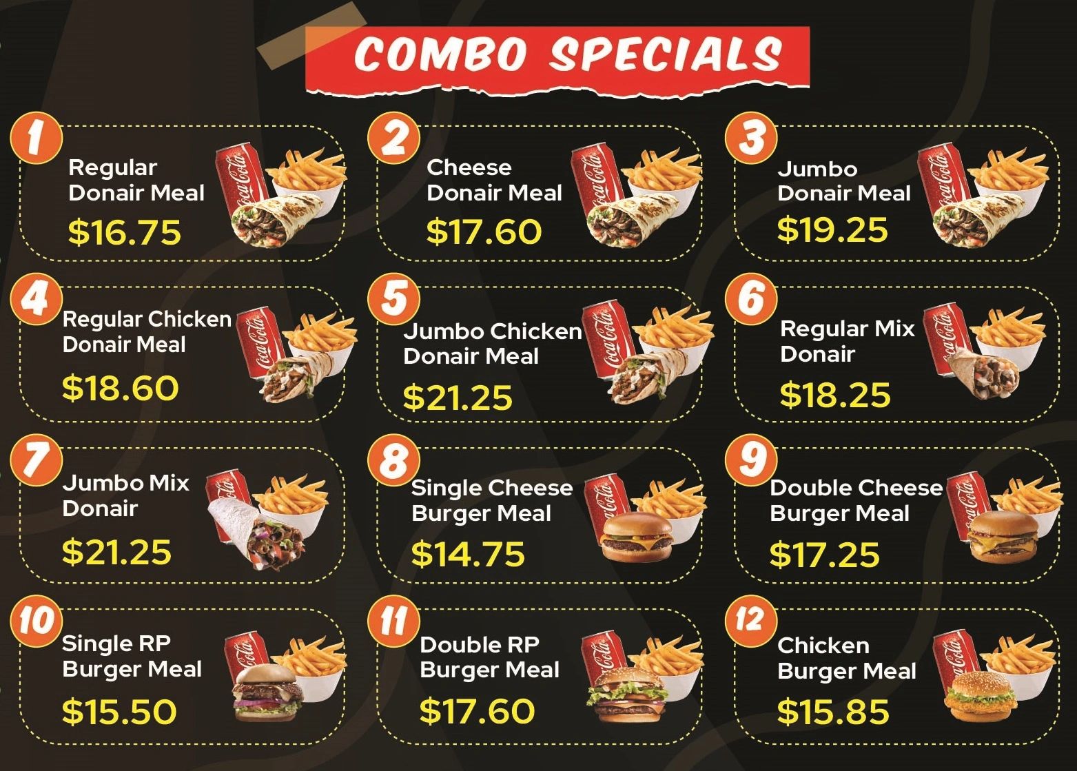 Combo Specials menu featuring donair and burger meals with fries and a drink.