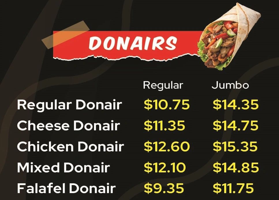Menu listing prices for regular and jumbo donairs with various fillings.