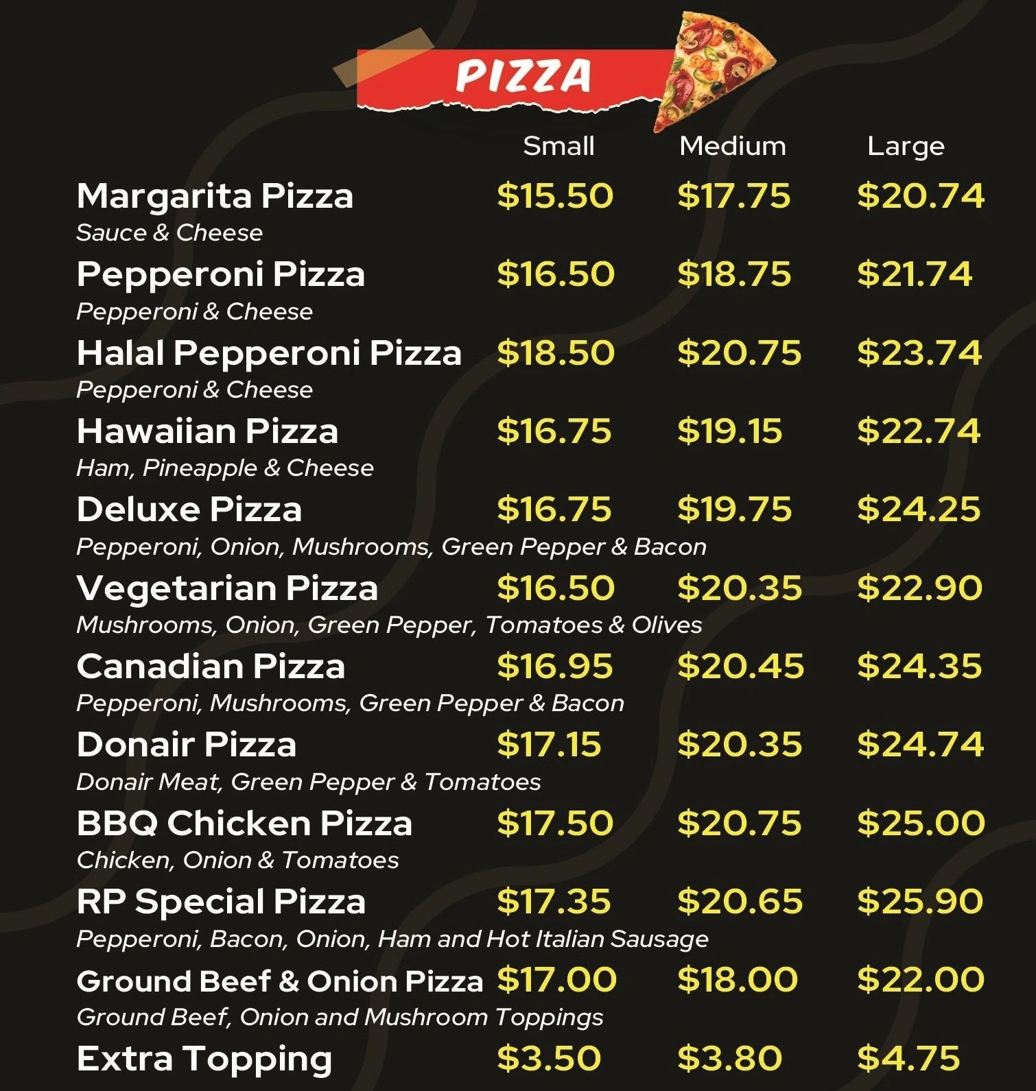 Pizza menu with prices for small, medium, and large sizes and toppings.