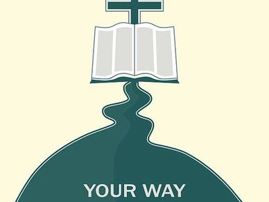 Cross, Bible, and path forming a spiritual journey.