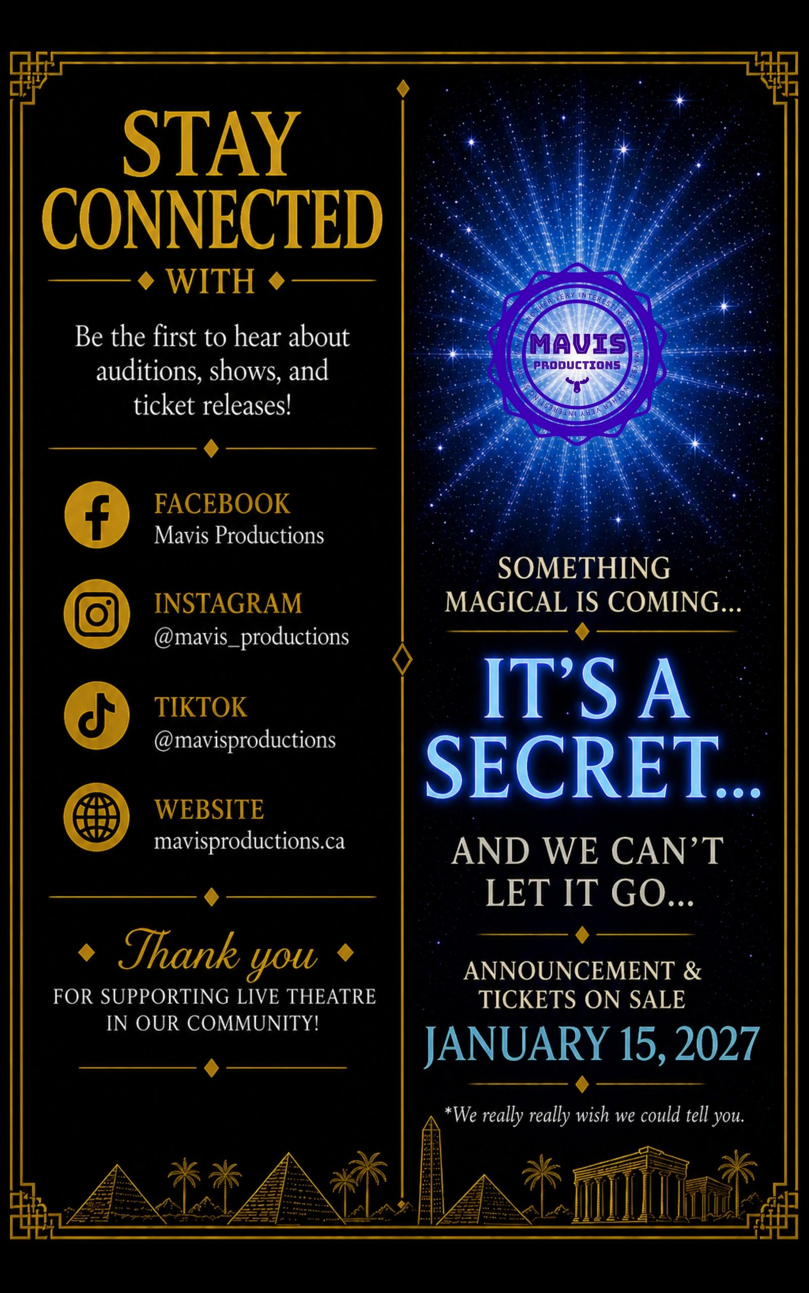 Mavis Productions teases a secret announcement with ticket sales on January 15, 2027.