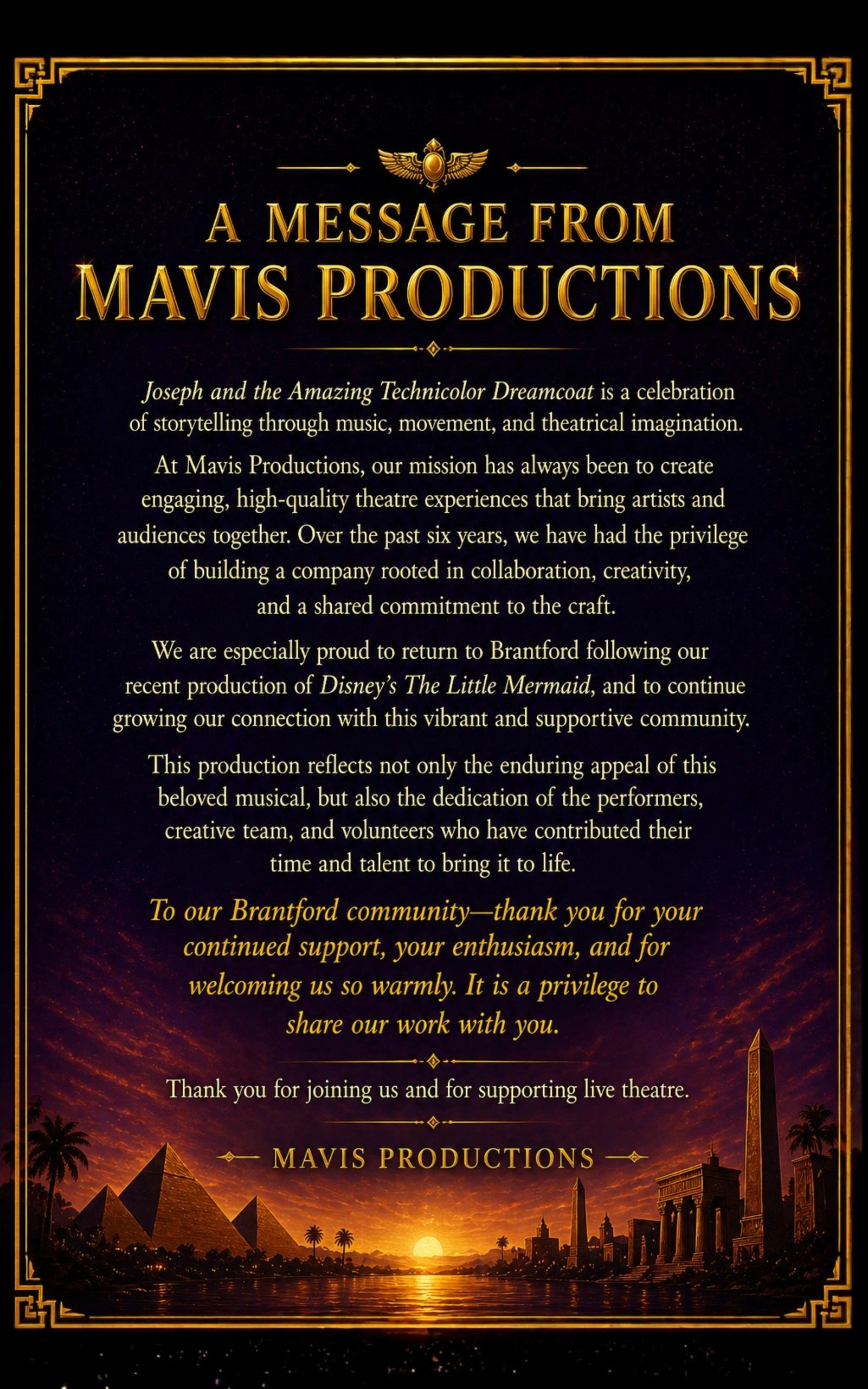 A heartfelt message from Mavis Productions about their theatre mission and community appreciation.