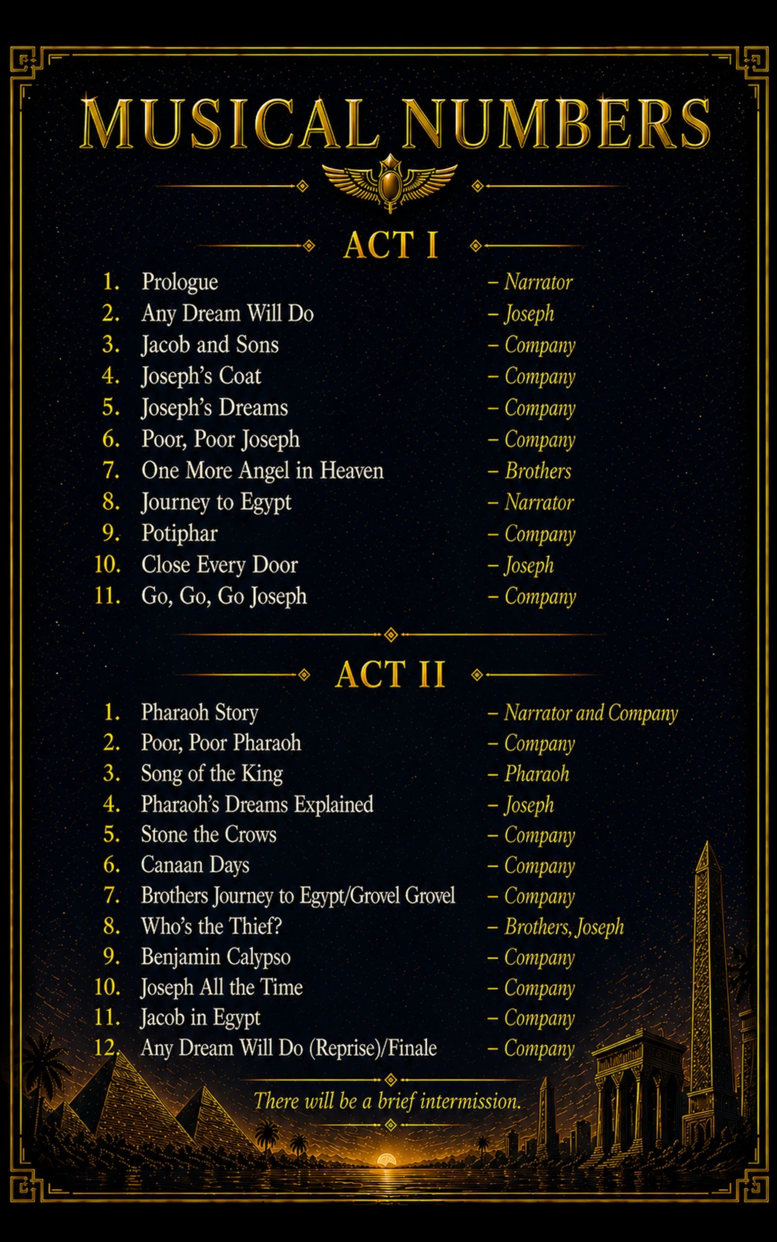 Musical numbers from Act I and Act II of a theatrical production, listing song titles and performers.