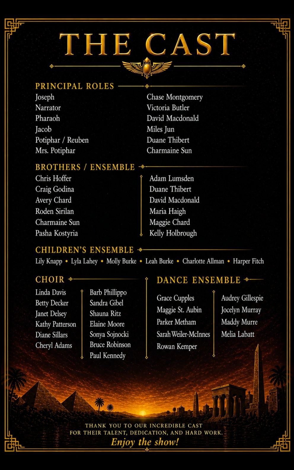 The cast list of a theatrical production with roles and ensemble members.