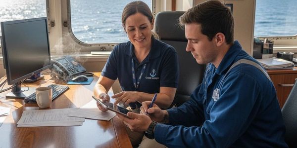 Two maritime professionals discuss work on a tablet inside a ship's cabin.