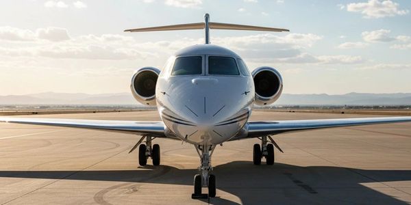 Front view of a private jet on the runway under a clear sky.