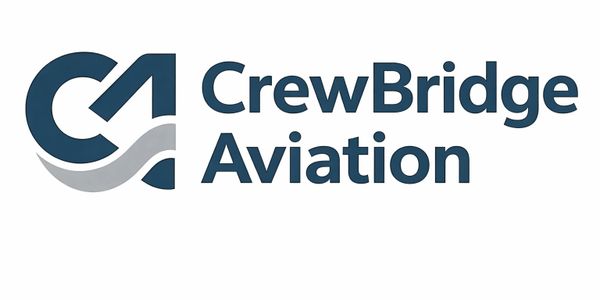 Logo of CrewBridge Aviation with stylized letters and wave design.