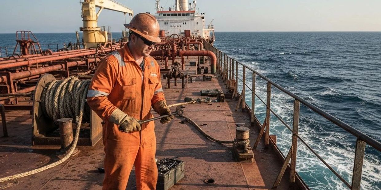 Worker in orange coveralls on a ship deck, handling a rope with the sea in the background.