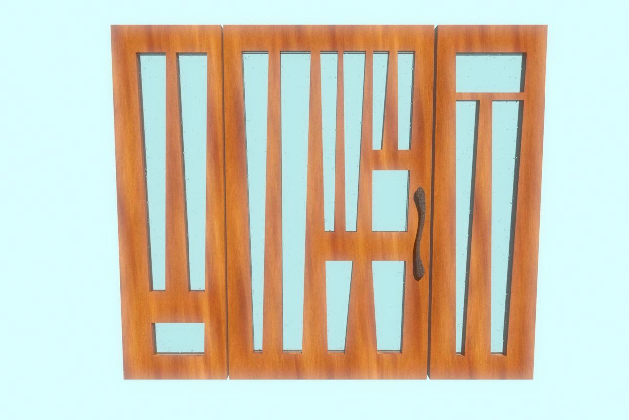 Wooden door with geometric glass panels and a curved handle.