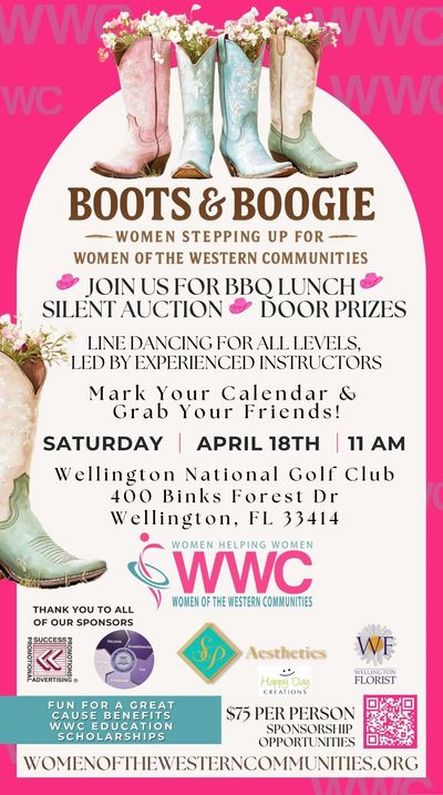 Event poster for Boots &amp; Boogie BBQ lunch and silent auction on April 18th.