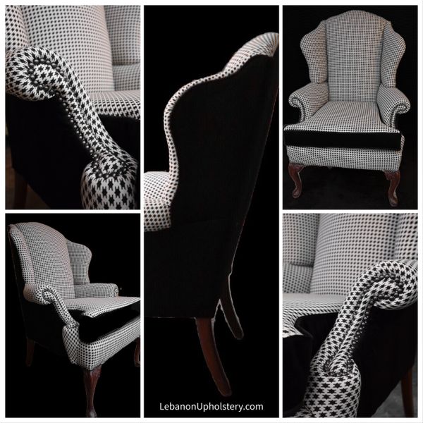 Classic upholstery: houndstooth and black velvet wingchair with black pearl decorative nails.