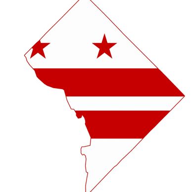 Map outline of Washington D.C. with red and white stripes and stars.