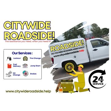 a man performing a tire change with words asking if you need roadside assistance?