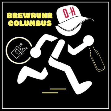 Logo of BrewRunr Columbus featuring a running figure with a beer bottle and cap.