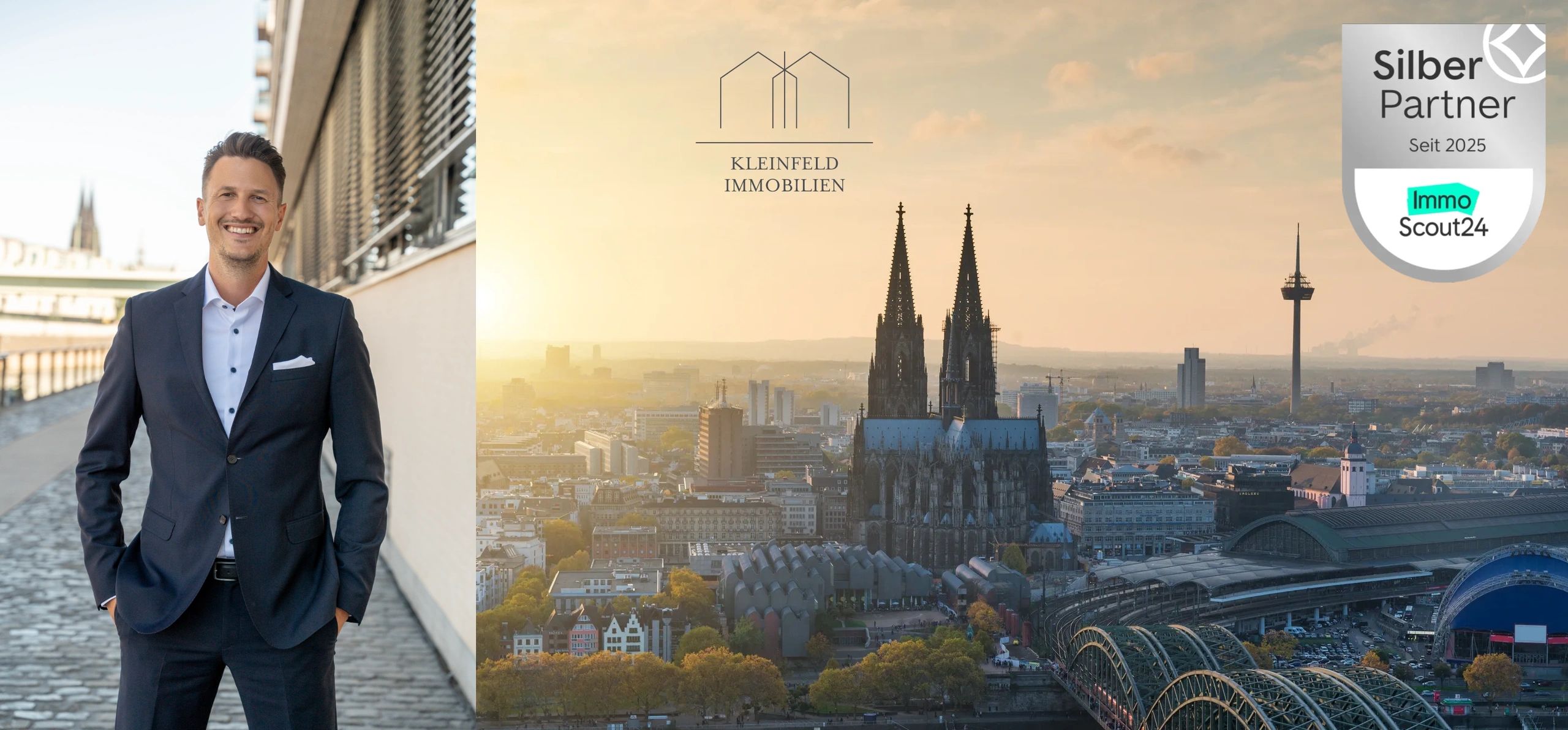 Porträt eines lächelnden Geschäftsmannes neben einer Skyline mit Kölner Dom.