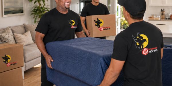 Three movers carrying furniture and boxes.