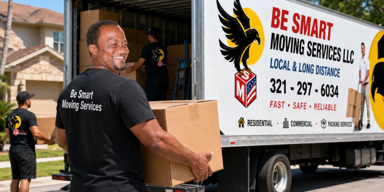 Smiling mover holding a box by a Be Smart Moving Services truck.