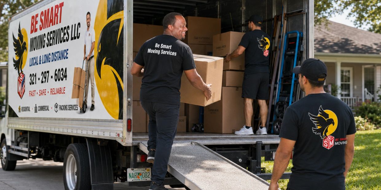 Movers loading boxes into a truck.