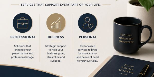 Graphic showing professional, business, and personal support services with a motivational mug and planner.