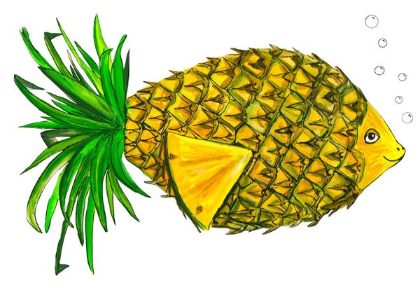 A fish designed to look like a pineapple with green leaves as its tail.
