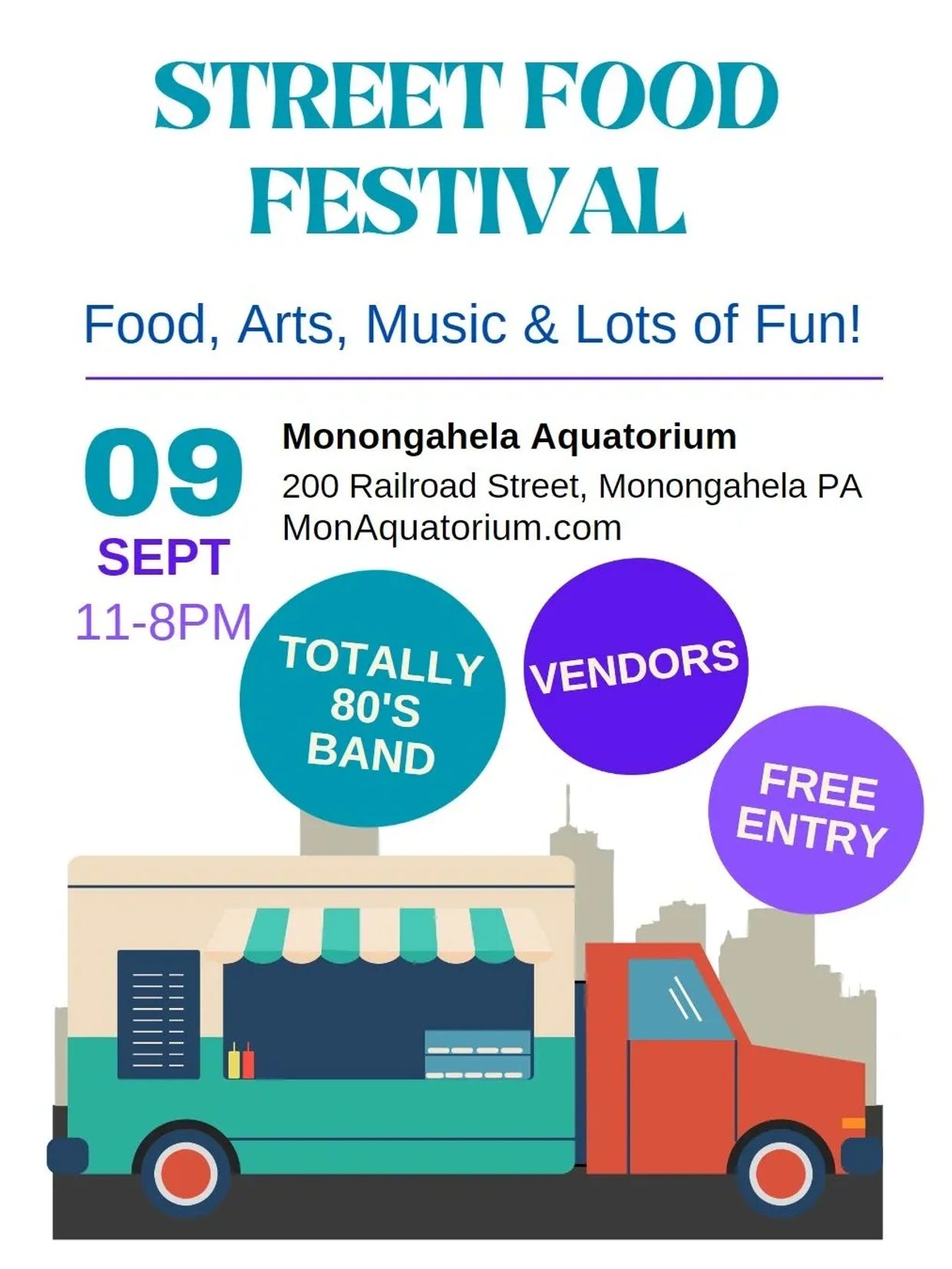 Street Food Festival at Monongahela Aquatorium on Sept 9, 11 AM to 8 PM with food, arts, music, vendors, and free entry.