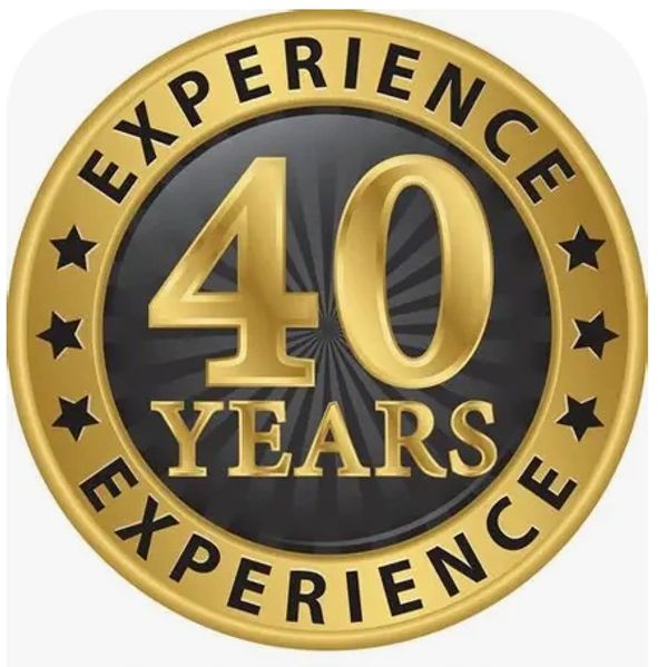 Gold and black badge showing 40 years of experience.