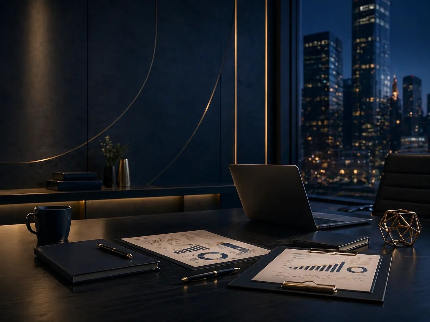 Escritório sofisticado à noite com vista para a cidade.