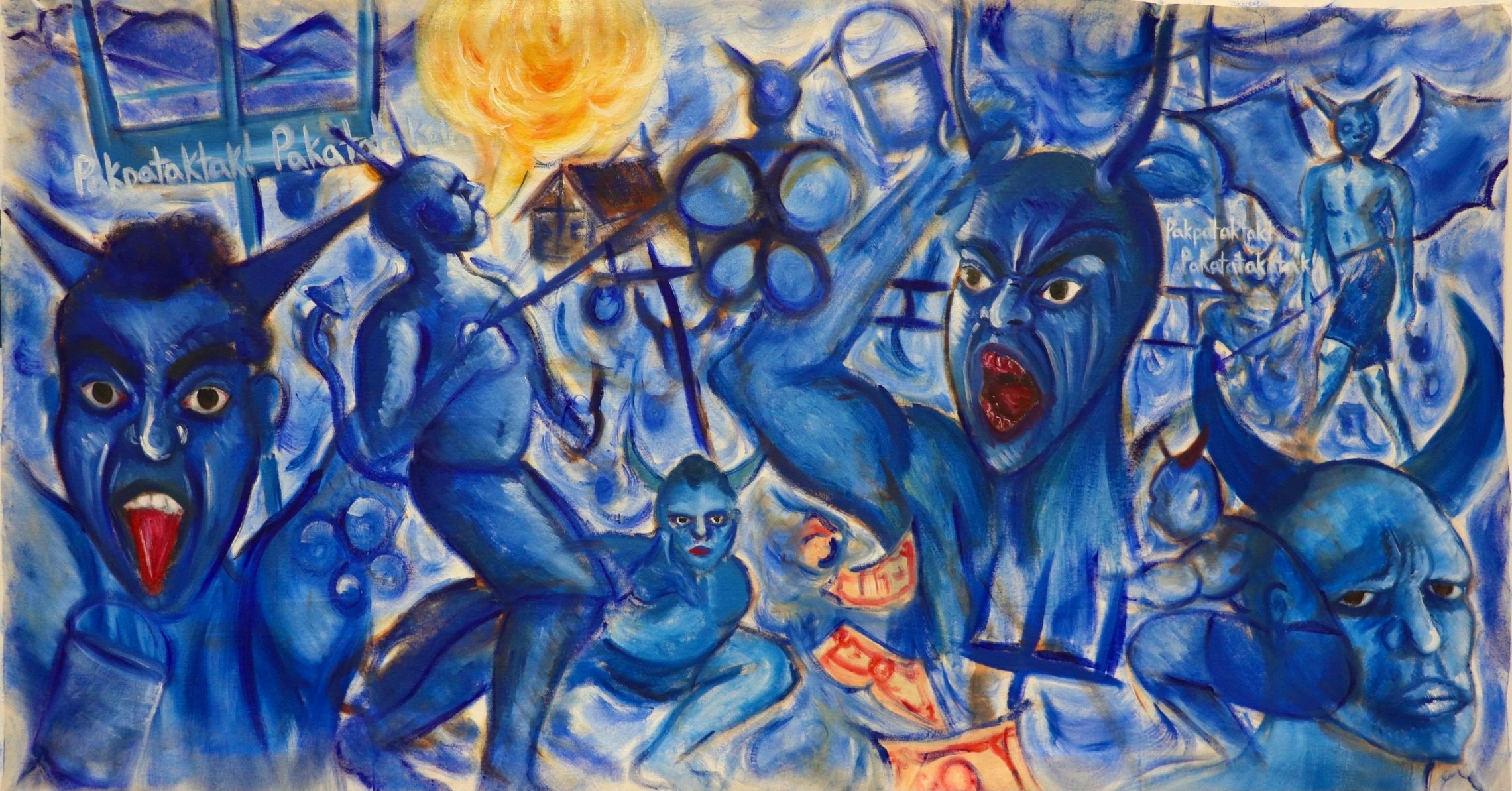 Blue demon-like figures in chaotic scene with explosive background.