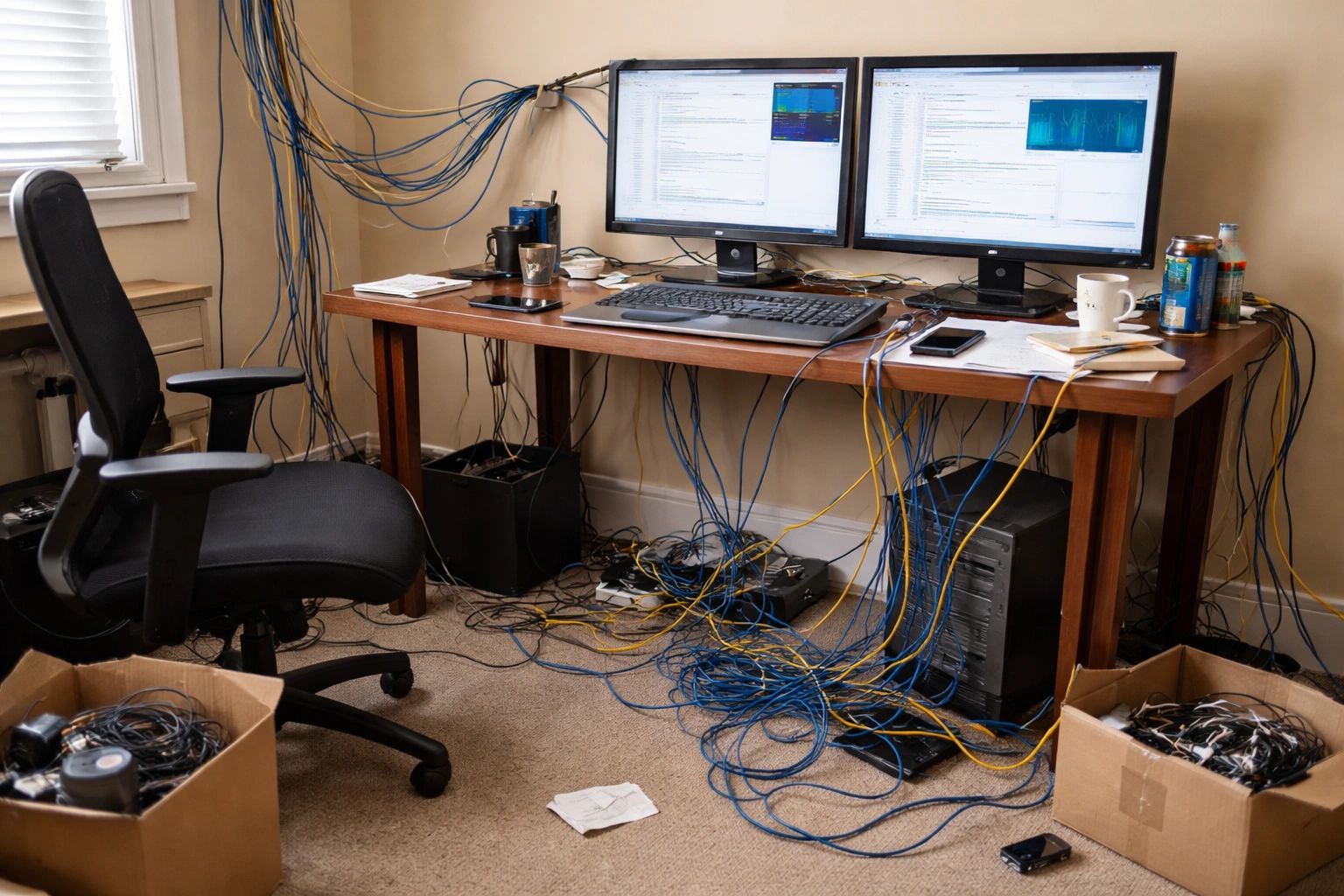 Messy office desk with tangled cables and dual monitors.