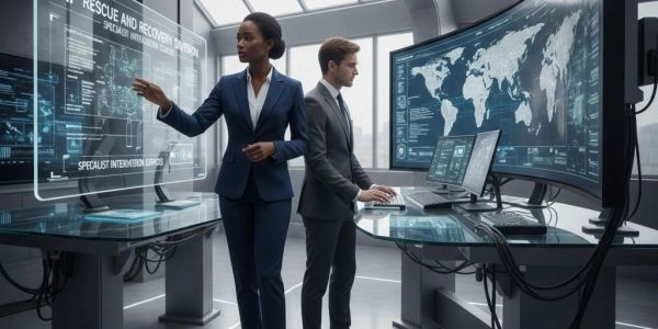 Two professionals analyzing global data on futuristic transparent screens in a high-tech control room.