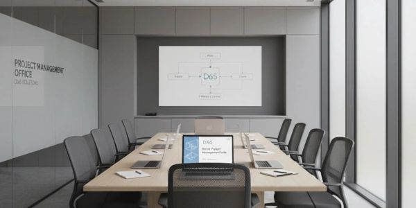 Modern conference room with a large table, laptops, and a presentation screen.