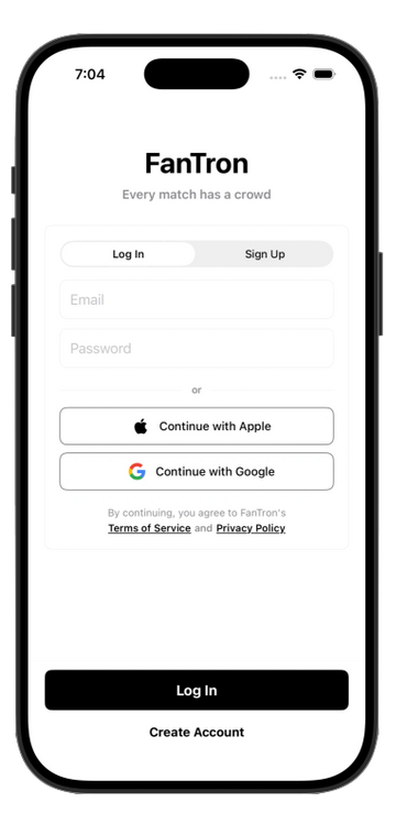 FanTron app login screen with email, Apple and Google sign-in options.