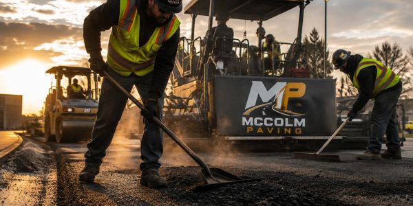 Workers paving a road during sunset.