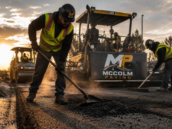Workers paving a road during sunset.