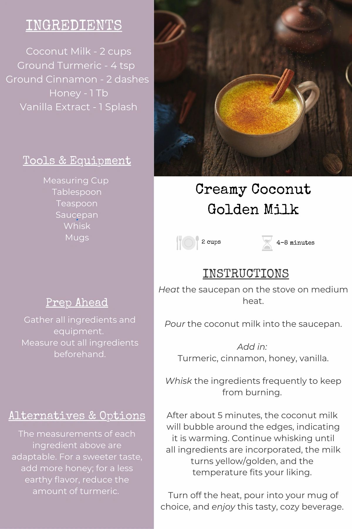 Full recipe card for Creamy Coconut Golden Milk from Intuitive Health Holistic Nutrition