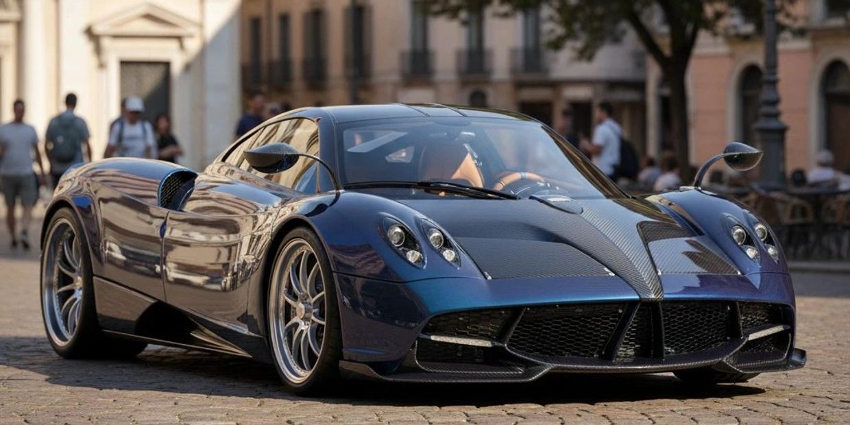 A sleek, dark blue Pagani Huayra sports car parked on a city street.