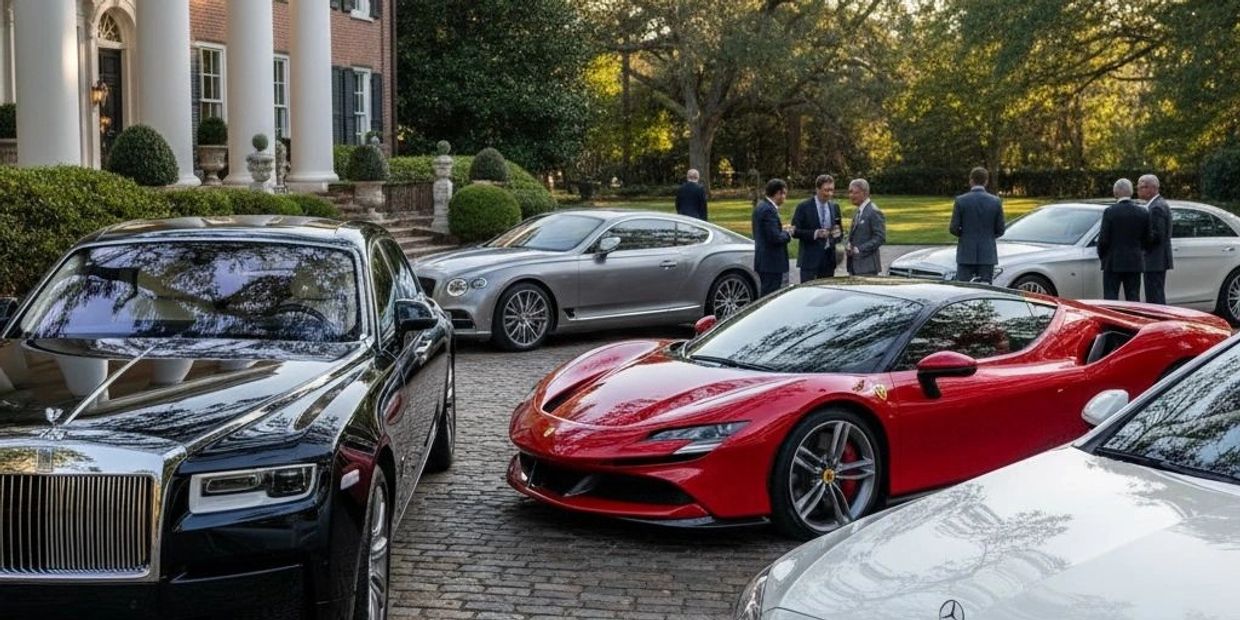 Luxury cars parked in front of a mansion with people conversing.