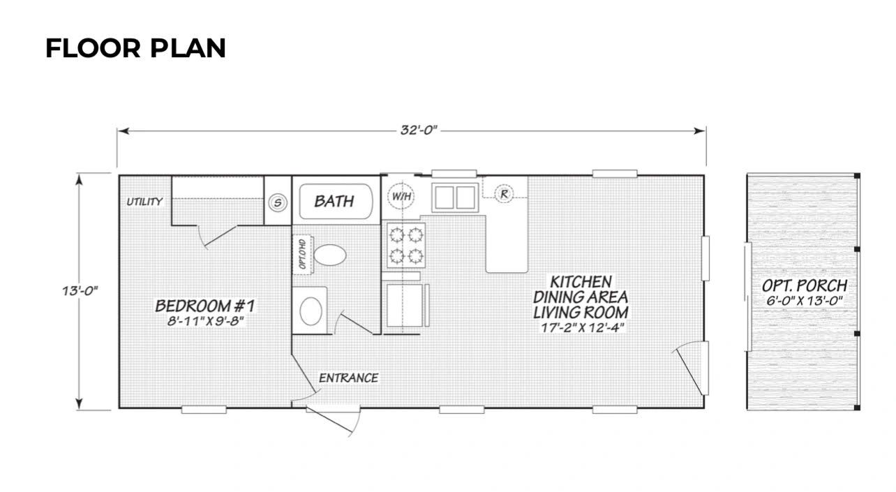 Compact floor plan with bedroom, bath, kitchen, living area, and optional porch.