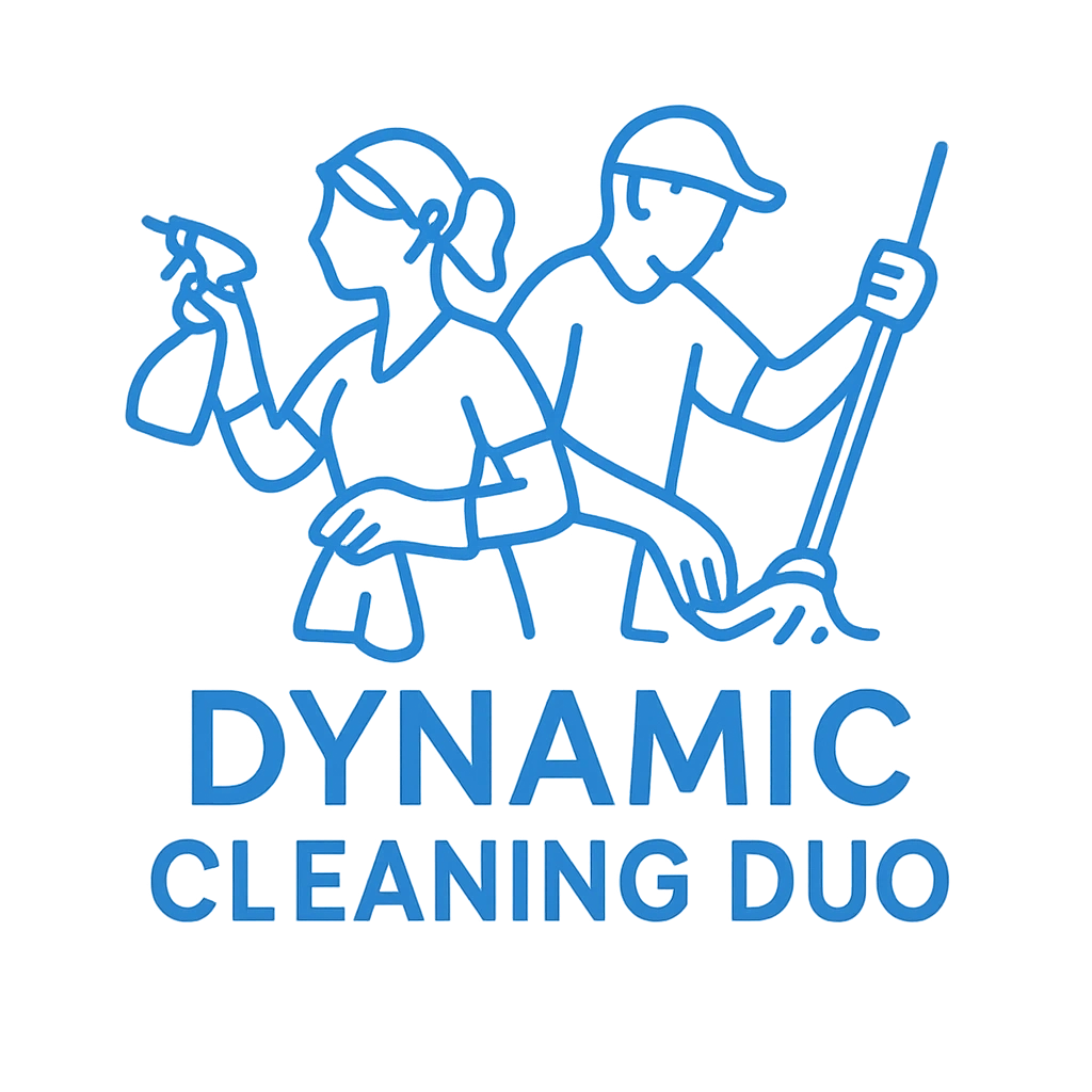 Logo of two people cleaning with the text 'Dynamic Cleaning Duo'.