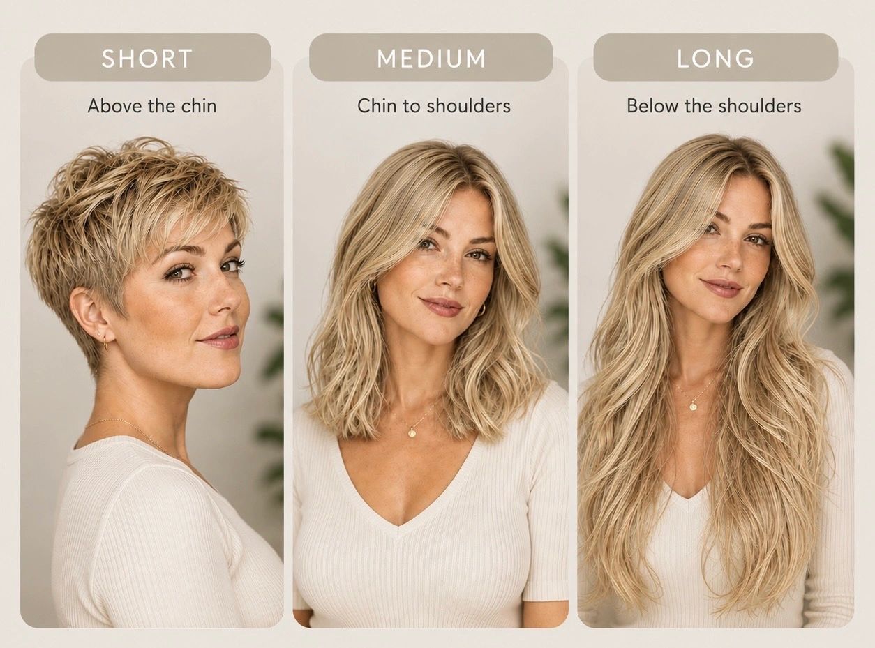 Three women showcasing short, medium, and long blonde hairstyles.
